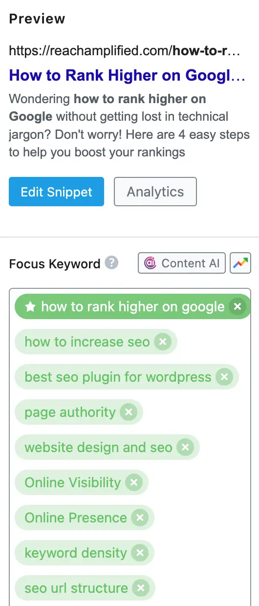 Preview of SEO snippet editor showing focus keyword 'how to rank higher on Google' and additional keywords including 'how to increase SEO,' 'best SEO plugin for WordPress,' and 'page authority.'