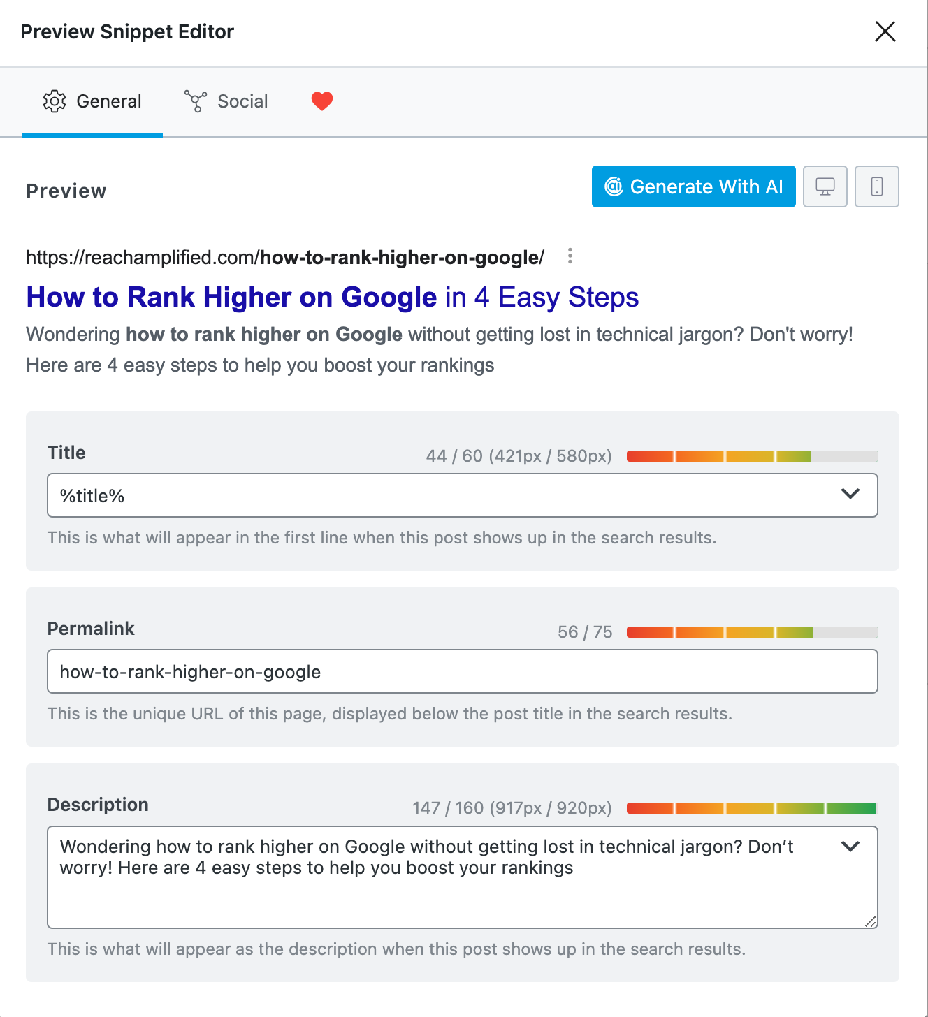 How to rank higher on Google with a preview of SEO snippet editor showing title, permalink, and description fields for optimizing SEO, including how to increase SEO and online visibility.