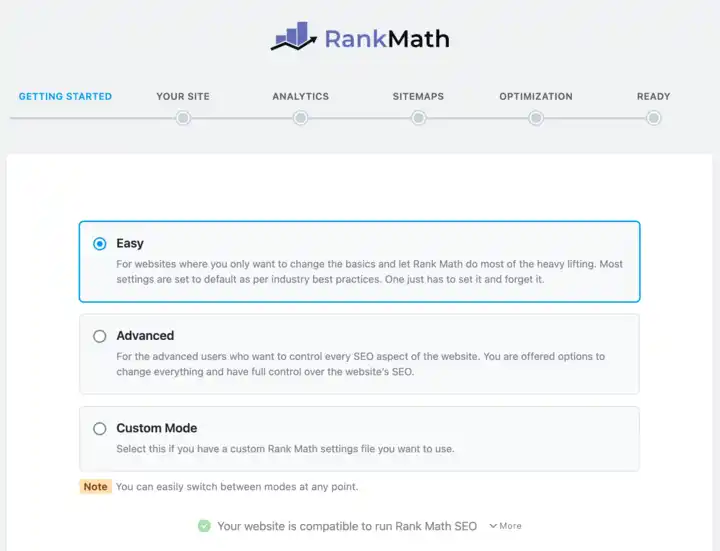 Rank Math setup screen for improving SEO with options for easy, advanced, and custom mode settings for website search engine optimization.