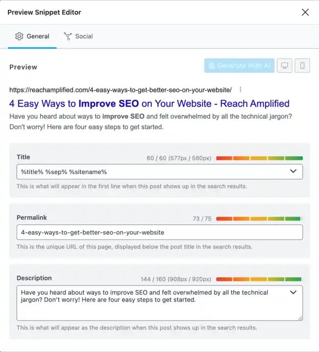 Preview Snippet Editor for improving SEO with titles and meta descriptions