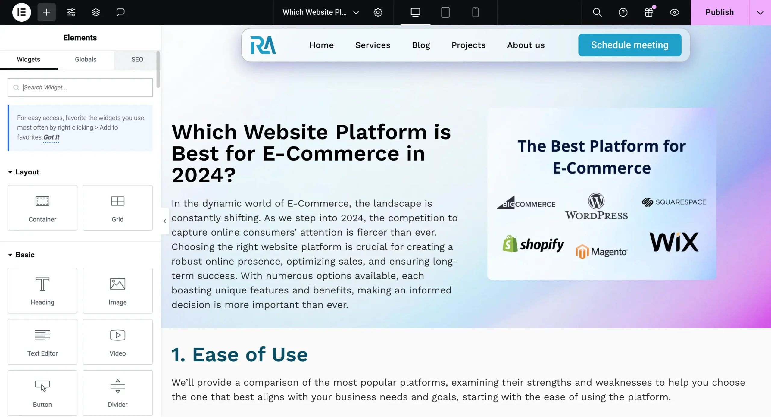 Screenshot of a webpage comparing the best e-commerce platforms for 2024, featuring a detailed analysis of various platforms such as BigCommerce, WordPress, Squarespace, Shopify, Magento, and Wix.