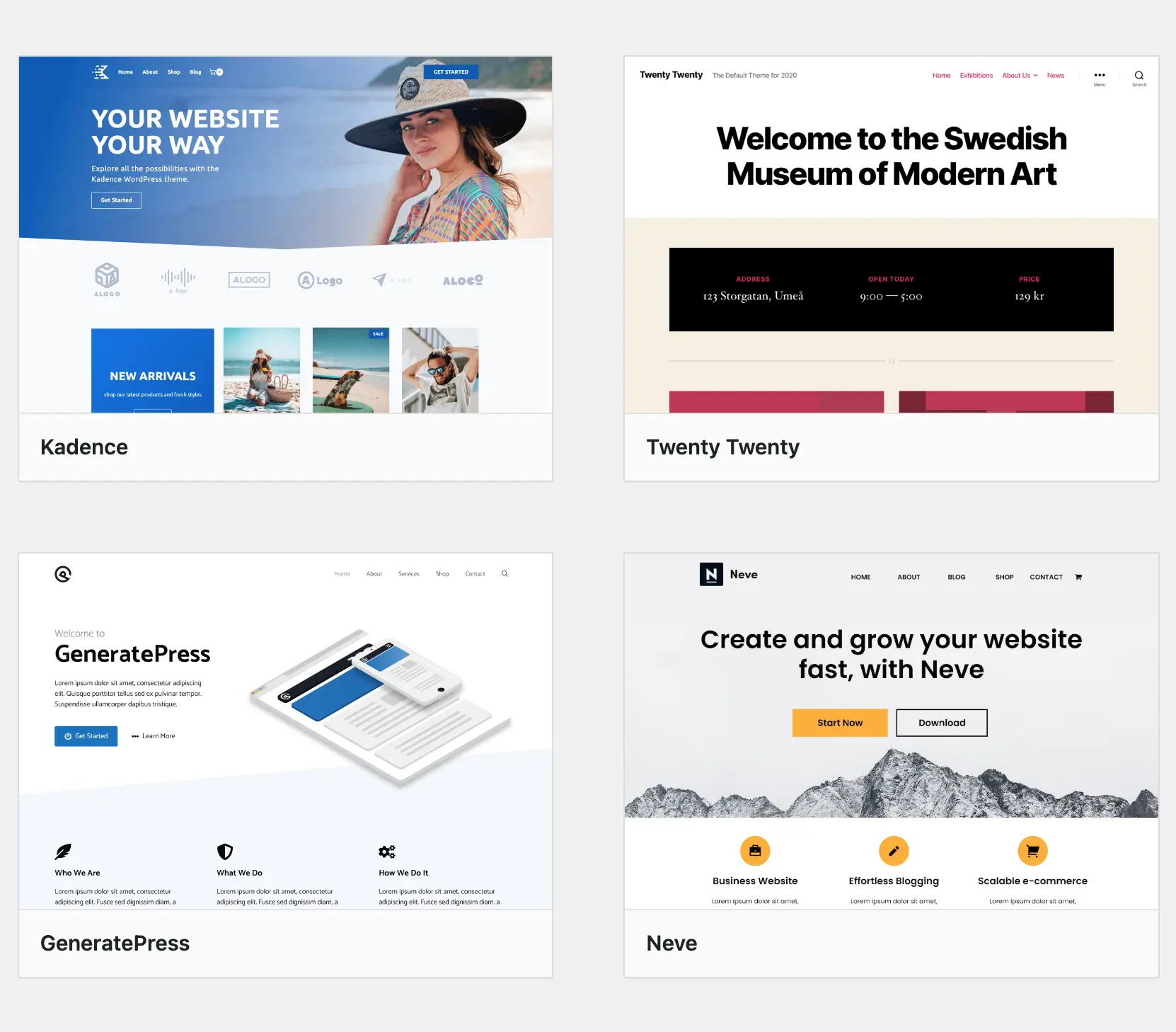 Screenshot of four different e-commerce platform website themes: Kadence, Twenty Twenty, GeneratePress, and Neve.