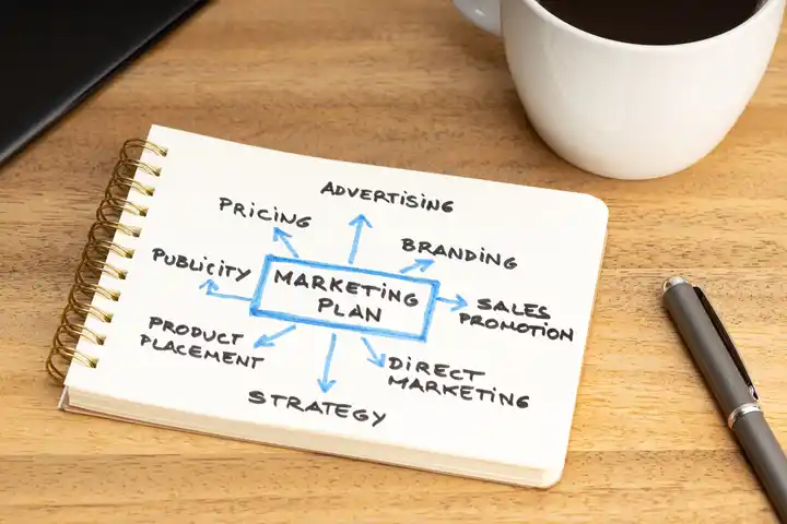 Marketing plan notebook with various strategies including Meta Ads.