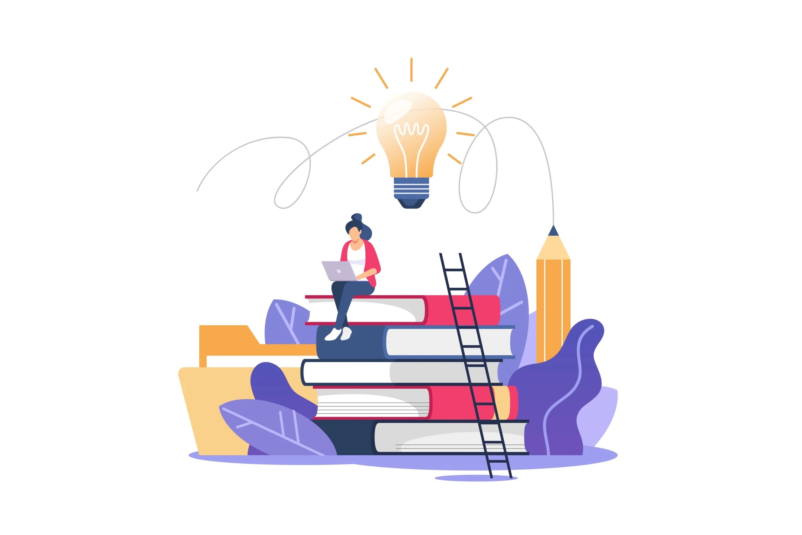 Illustration of a woman sitting on a stack of books with a laptop, a lightbulb above her head symbolizing an idea, surrounded by large stationery items like a pencil and folders, representing the learning curve of an e-commerce platform and website development.