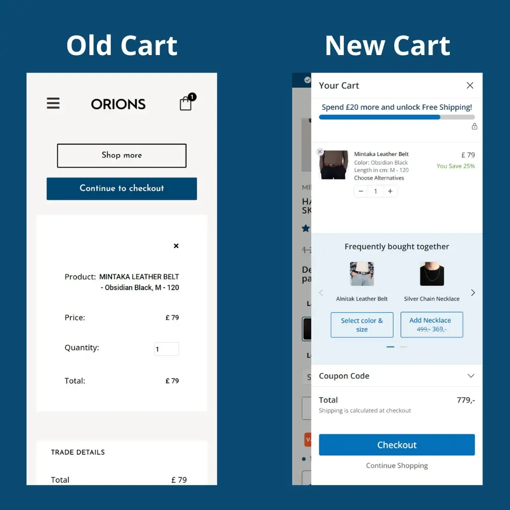 Comparison of old and new shopping cart designs for an e-commerce platform website, showing improvements in the user interface and additional features.