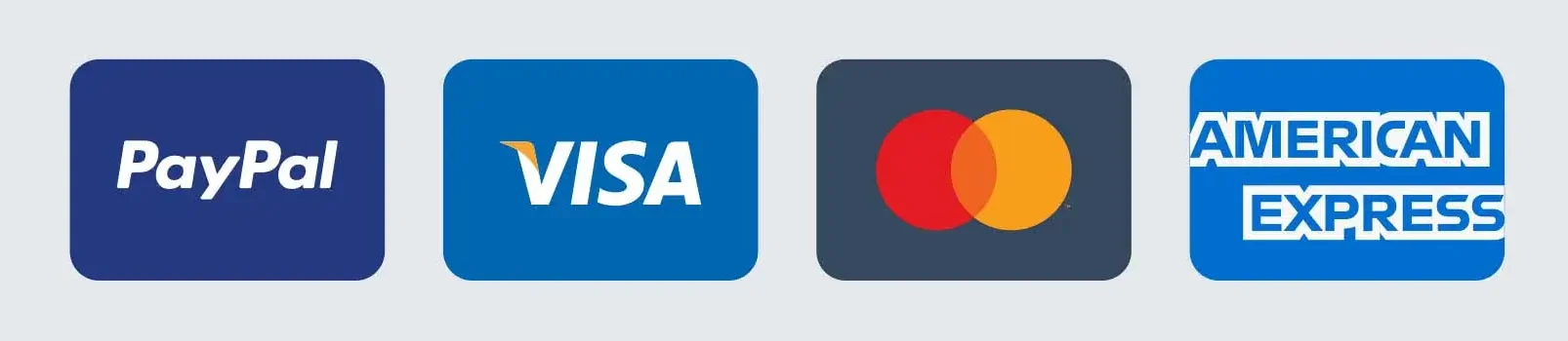 Icons of popular payment methods for e-commerce platforms: PayPal, Visa, MasterCard, and American Express.