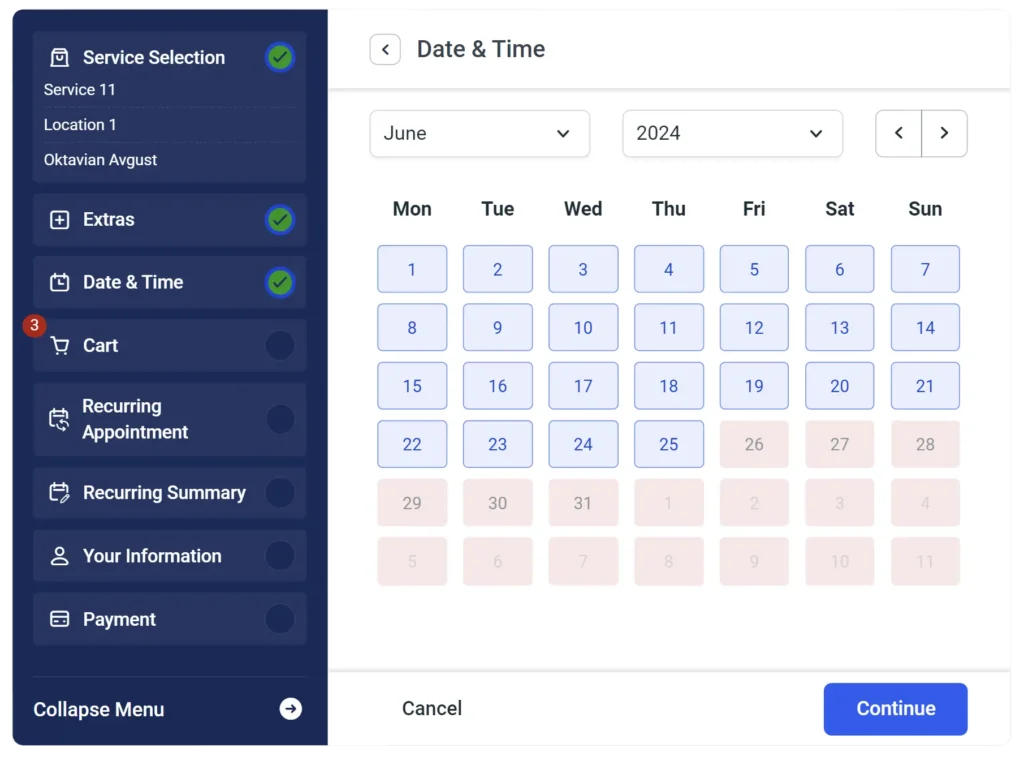 Screenshot of an e-commerce platform's booking system showing service selection, extras, date and time, cart, and payment options.