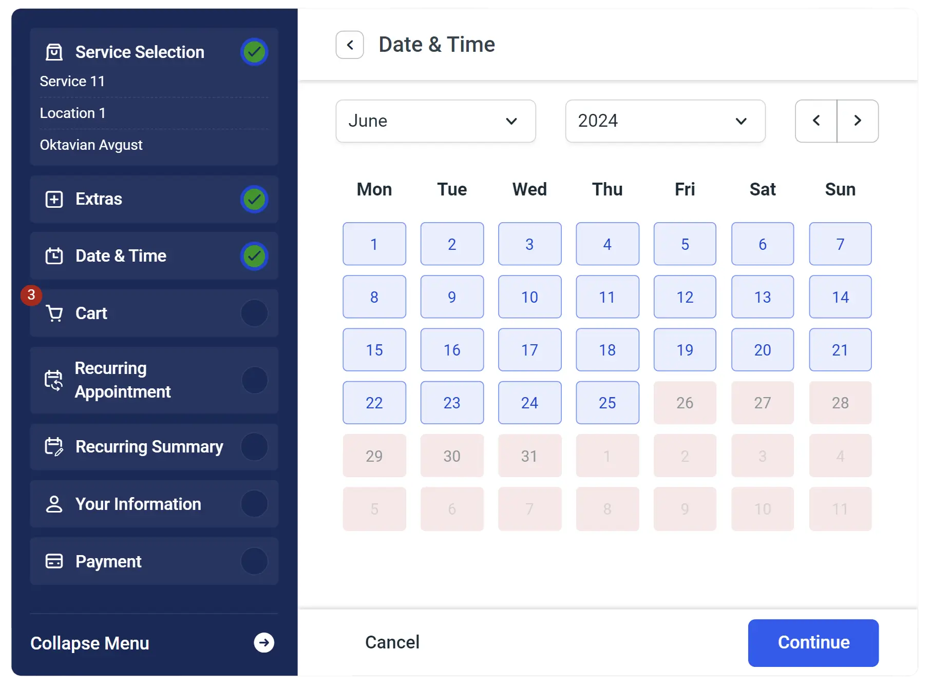 Screenshot of an e-commerce platform's booking system showing service selection, extras, date and time, cart, and payment options.