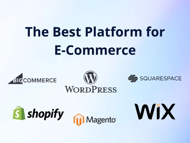 A comparison of the best e-commerce platforms, featuring logos of BigCommerce, WordPress, Squarespace, Shopify, Magento, and Wix.