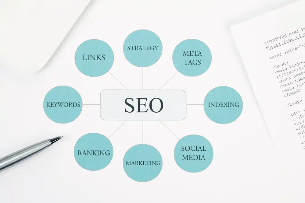 Diagram showing key elements of SEO for e-commerce platforms, including links, strategy, meta tags, indexing, social media, marketing, ranking, and keywords.