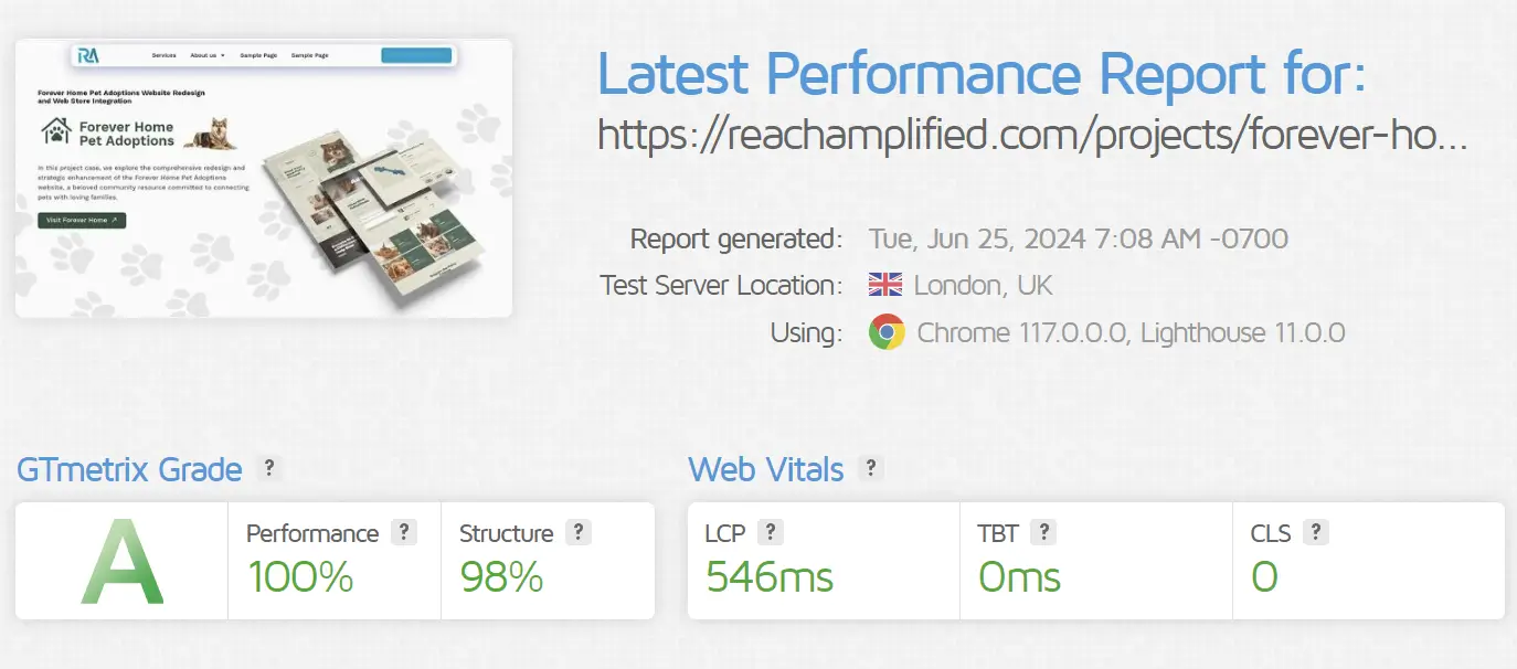 Screenshot of a GTmetrix performance report for the Forever Home Pet Adoptions website, showing a performance grade of A, 100% performance, 98% structure, and key web vitals important for reach.