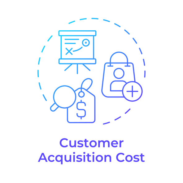 Illustration of the topic what is CAC (Customer Acquisition Cost), featuring symbols representing marketing strategy, pricing, and customer acquisition.