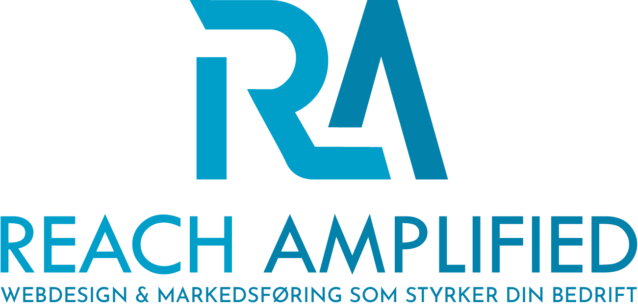 Reach Amplified-logoen består av stiliserte blå bokstaver &quot;RA&quot; med slagordet &quot;Web Design &amp; Marketing Solutions That Amplify Your Business&quot;.